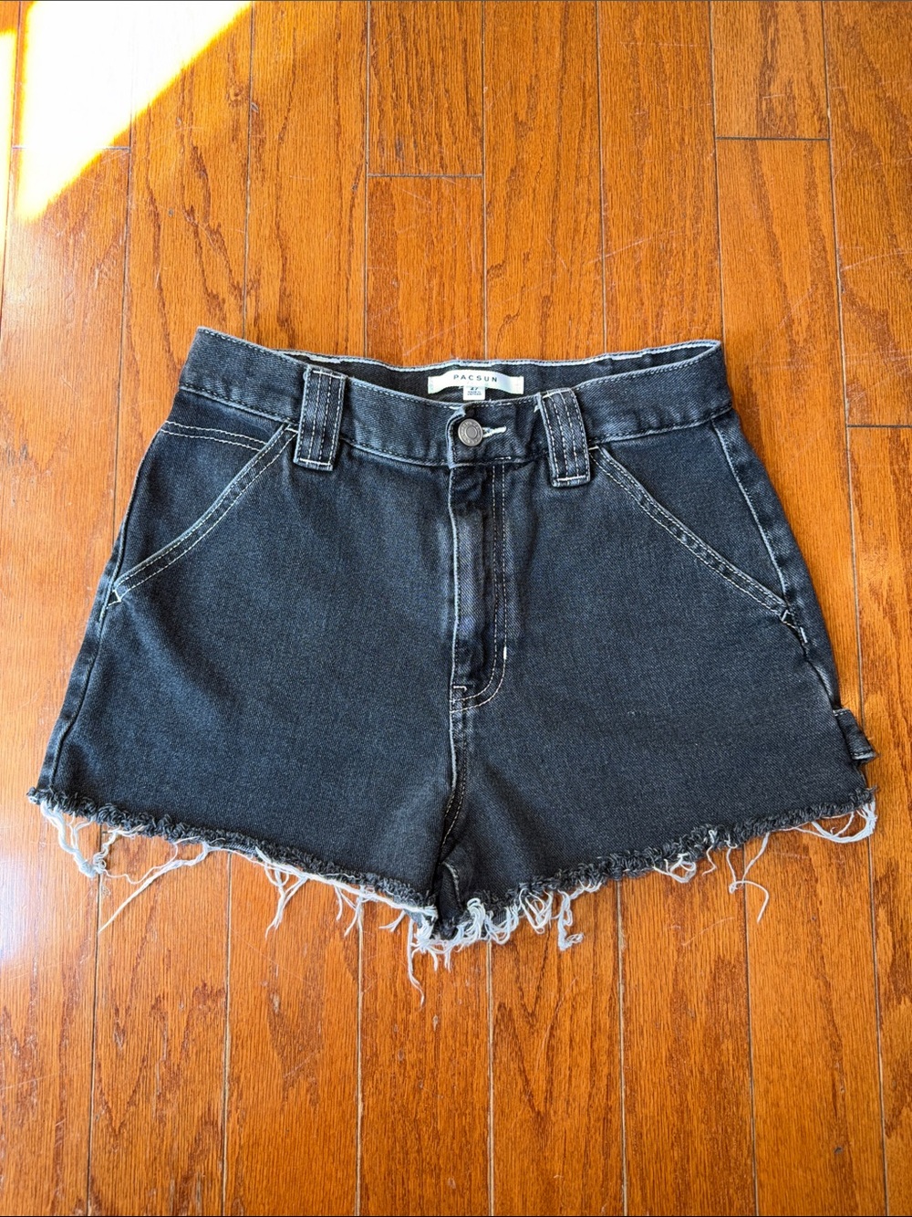 PacSun Women’s Black Utility Denim Shorts Distressed Frayed Hem Pockets